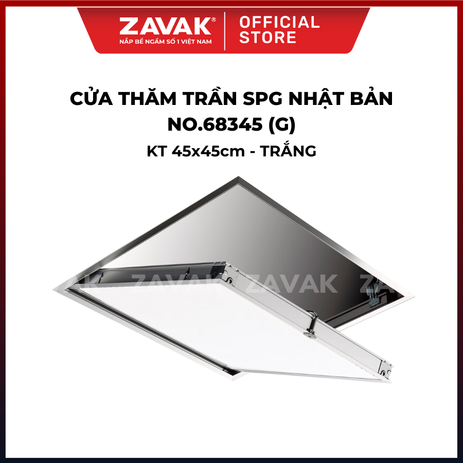 Nắp cửa thăm trần thạch cao 45x45cm SPG-68345 - Nhật Bản, Khung nhôm có bản lề mở thả xuống, sơn tĩnh điện màu Trắng.