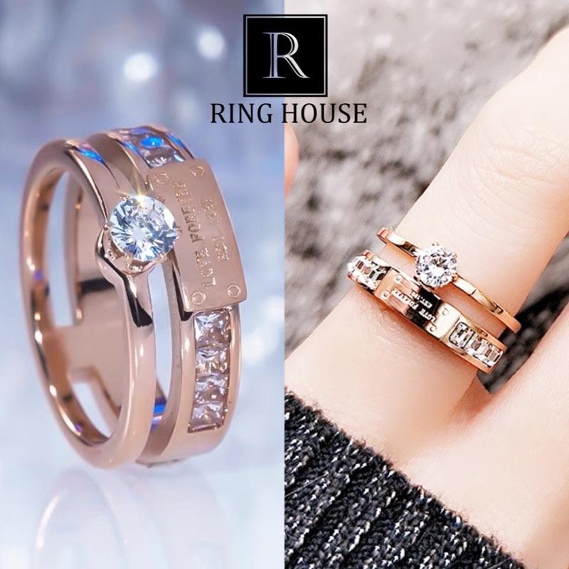 Nhẫn titan nam nữ hai vòng không đen vàng hồng đính ngọc đẹp Ring House
