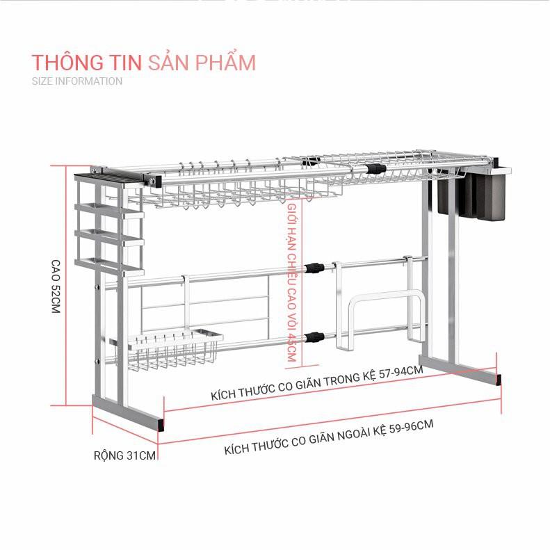 Kệ để chén, bát thông minh trên chậu rửa chén inox 304 cao cấp (thích hợp với mọi căn bếp, có thể điều chỉnh kích thước)