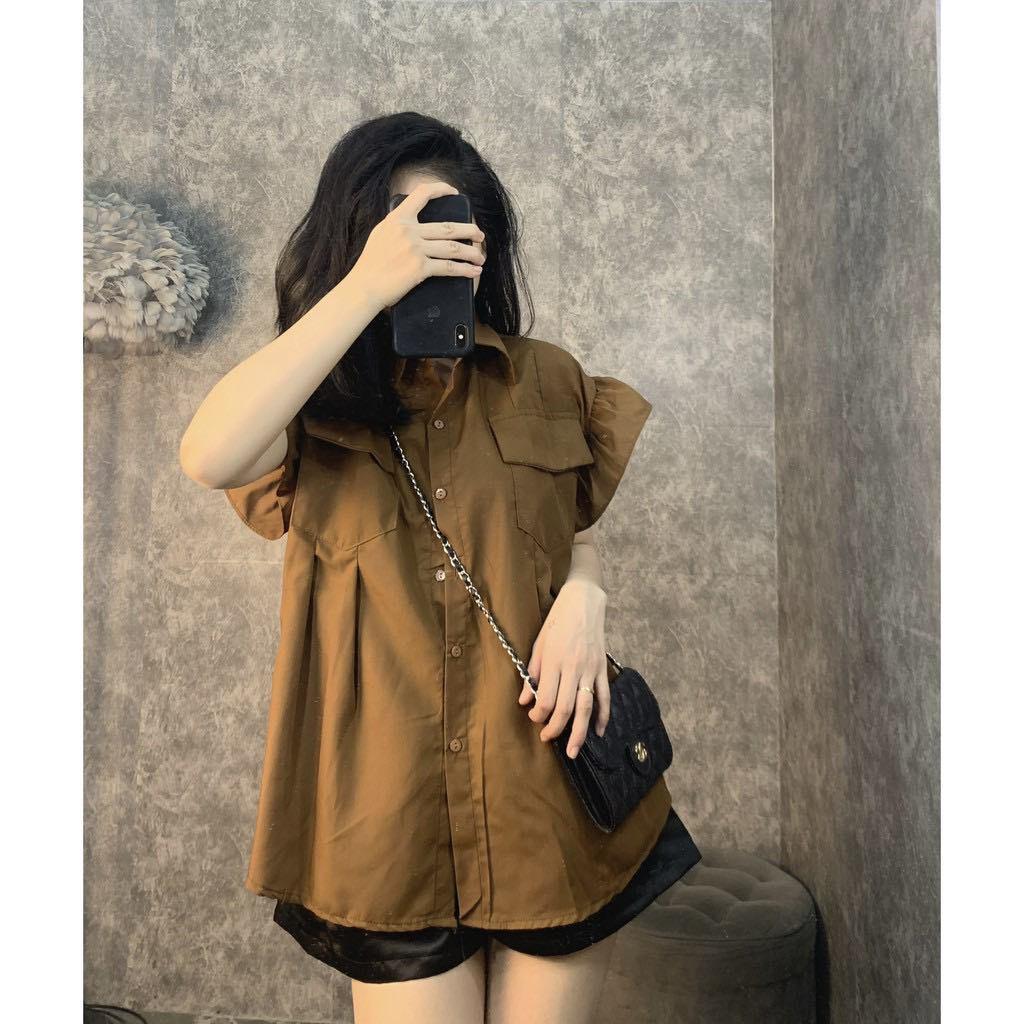 Áo babydoll cánh tiên tiểu thư 3 màu phối túi trước, áo sơ mi dáng rộng thời trang Hàn . MET SHOP