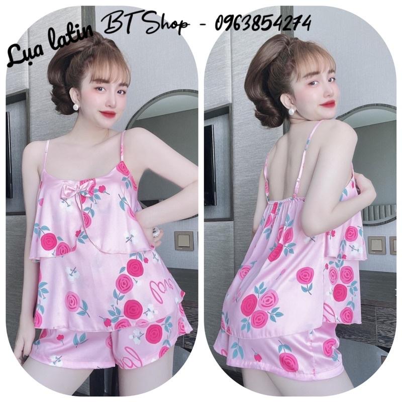 Đồ ngủ mặc nhà lụa latin 2 dây đùi hoạ tiết freesize 42-57kg