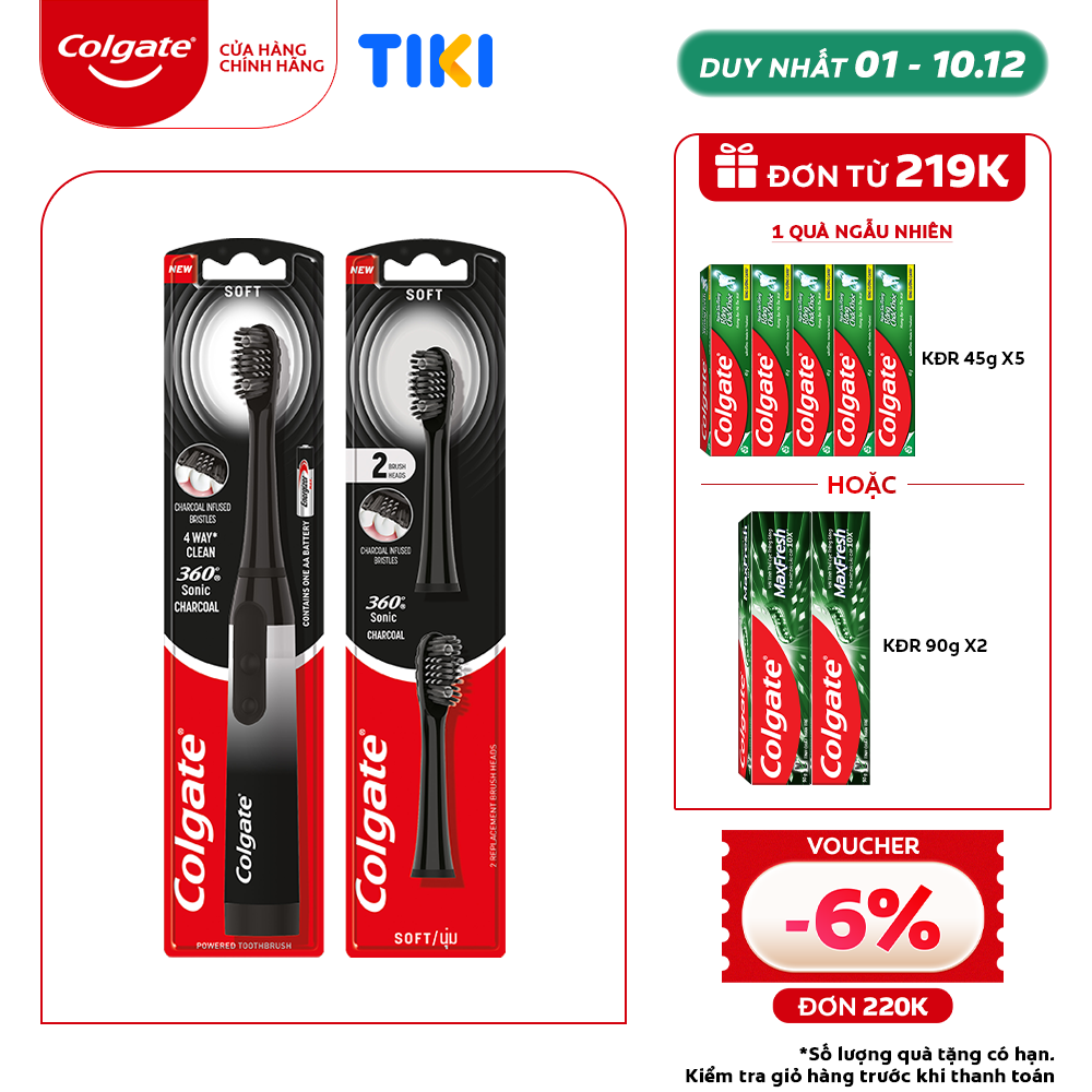 Combo Bàn chải điện Colgate Sonic 360 Charcoal với lông chải phủ than kháng khuẩn và 2 Đầu thay màu đen