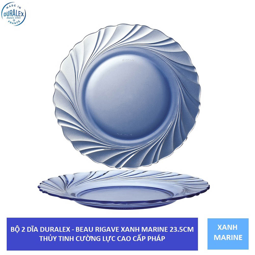 Bộ 2 dĩa cạn thủy tinh cường lực Pháp Duralex Beau Rivage 23,5 cm ( Xanh Marine/ Nâu khói Creole)