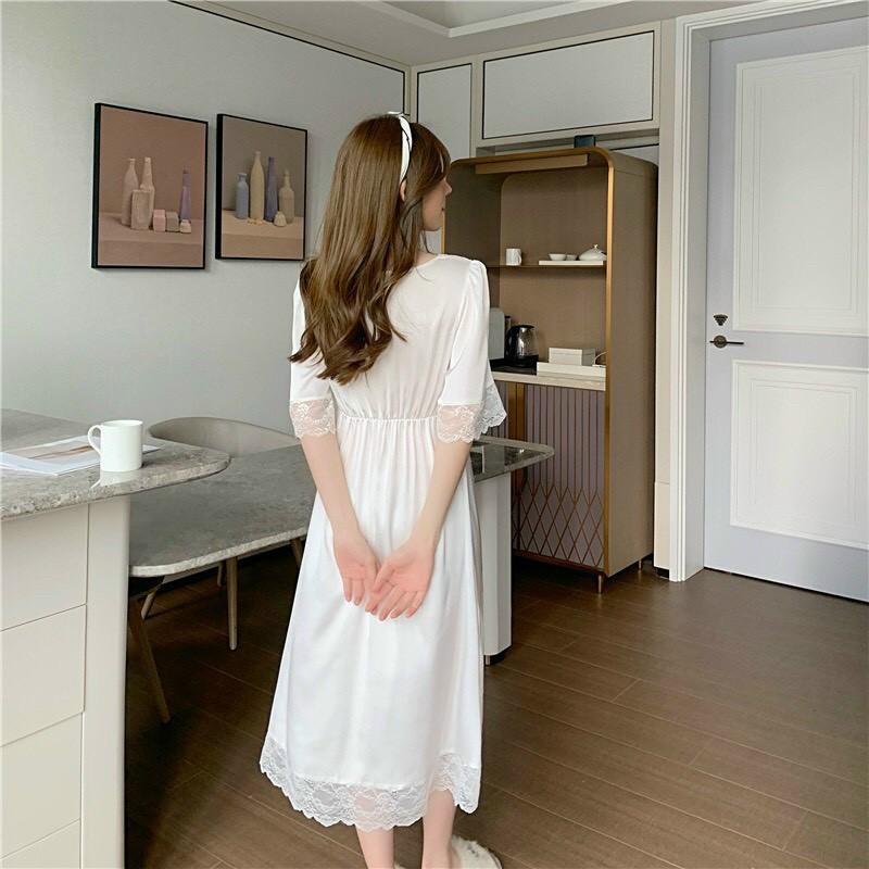 Váy ngủ trắng sang trọng dáng dài phối ren mềm mại thoáng mát - Đầm ngủ cao cấp dáng dài lụa cao cấp