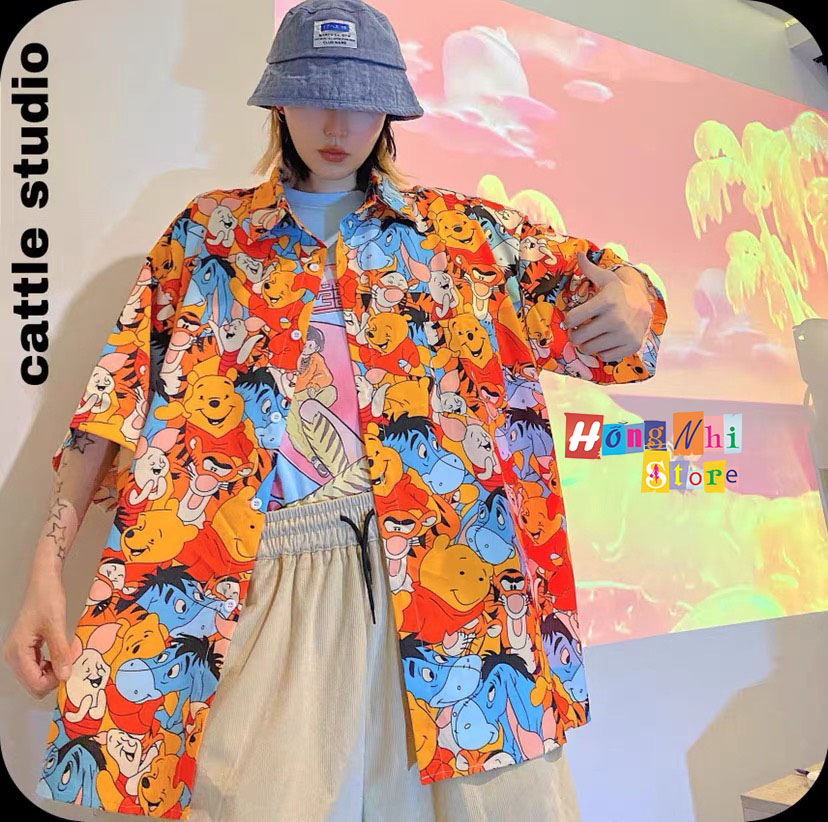 Áo Sơ Mi Hoạ Tiết Đi Biển Gấu Pooh Hoạt Hình Tay Lỡ Dáng Rộng Ulzzang Unisex - MM
