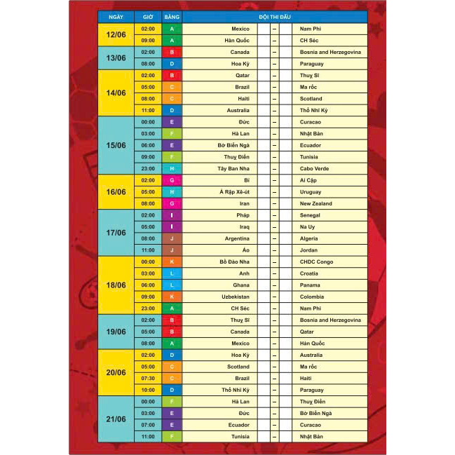 Lịch Thi Đấu Bóng Đá World Cup 2026 (gấp) In Màu 68x24 cm - ndbooks