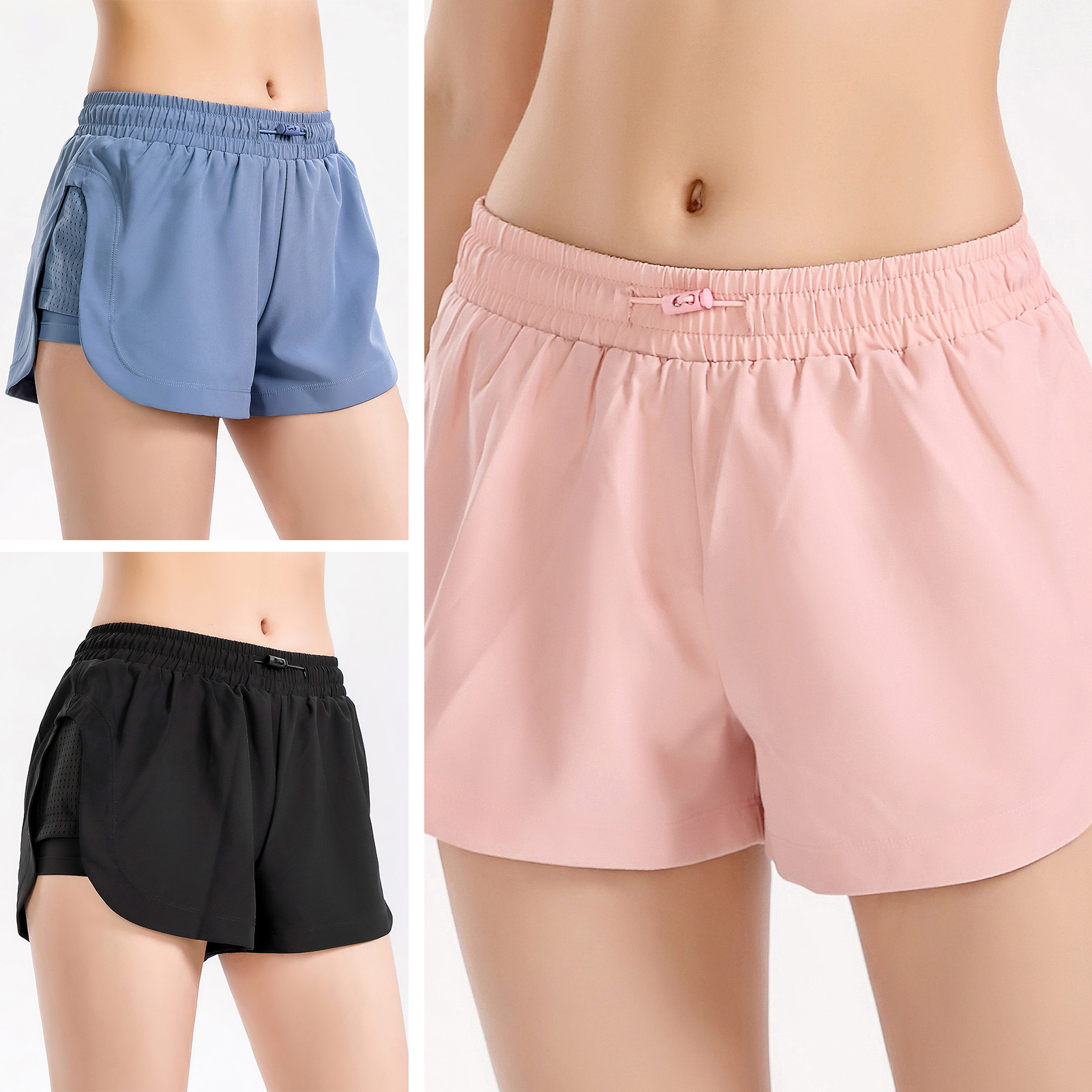 Quần short thể thao 2 lớp cho nữ chất liệu chinlon và vải thun, nhẹ và thoải mái, eo dây rút