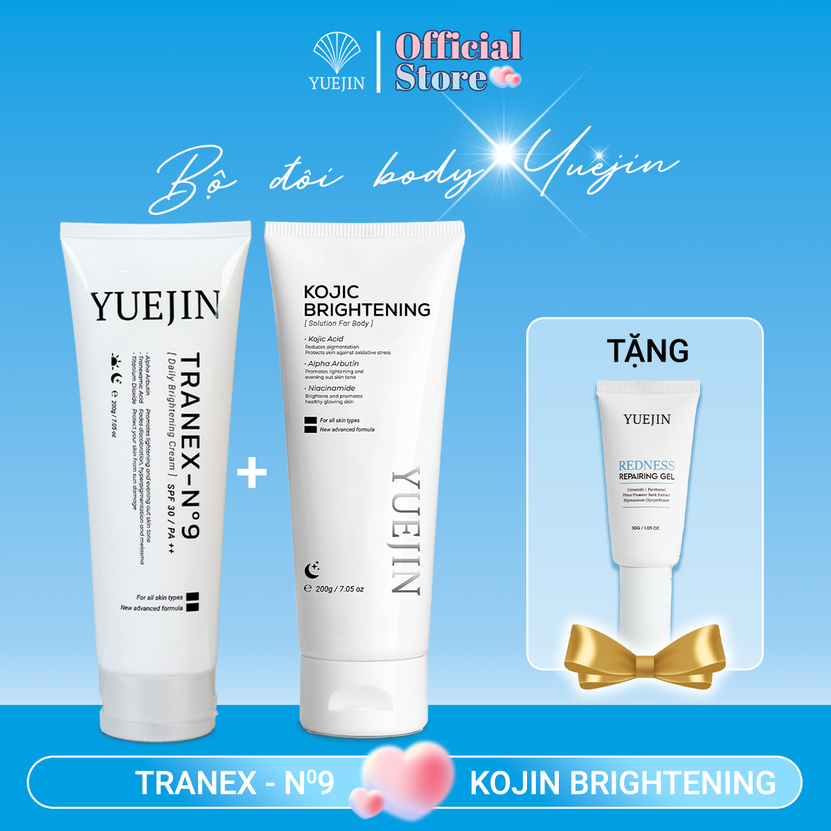 Combo dưỡng trắng da Yuejin Kem dưỡng trắng da Body Tranex-NO9 + Kem Ủ Trắng Da Kojic Brightening (Tặng 1 Gel)