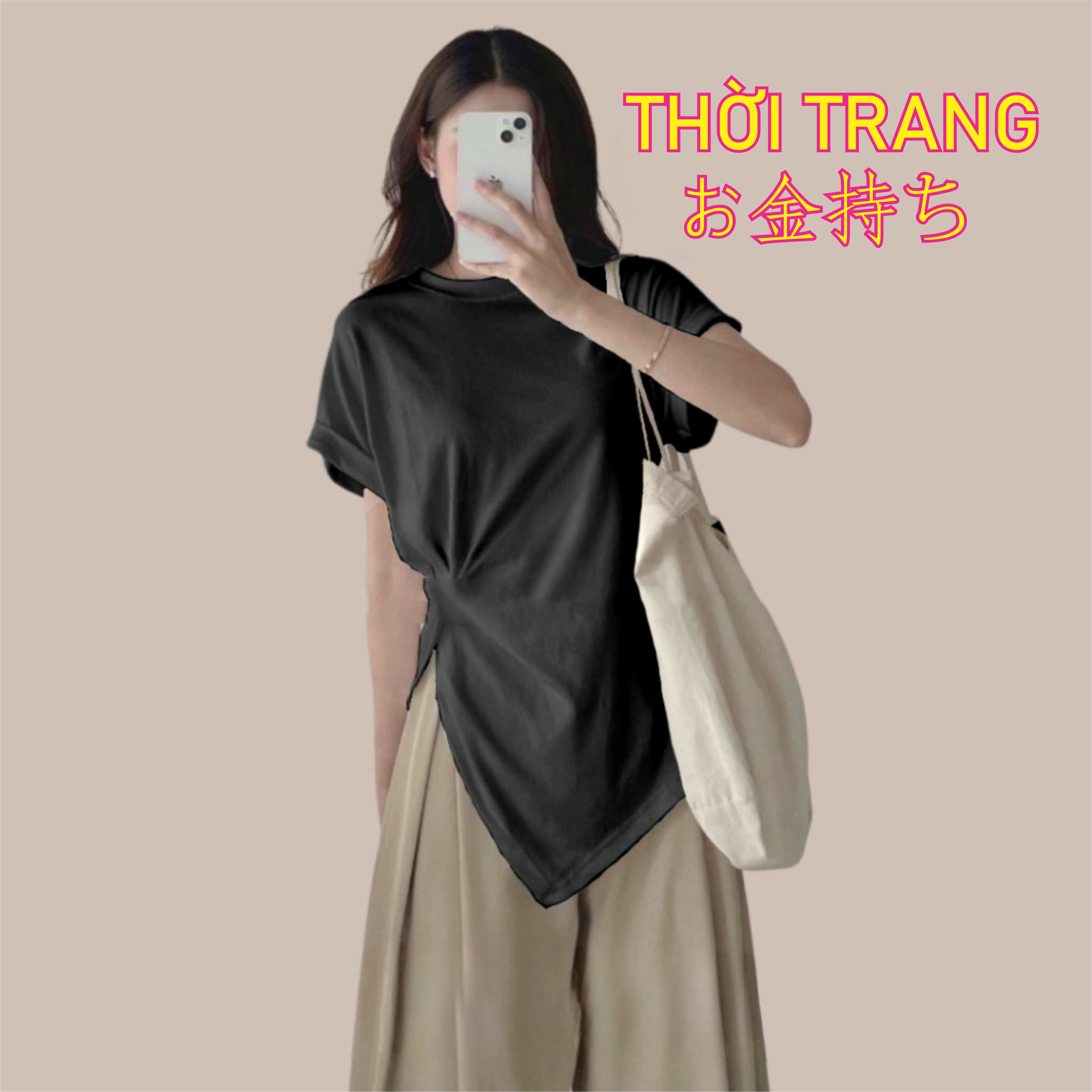 Áo thun nữ trơn cổ tròn nhúm eo vạt chéo chất thun mềm mịn 3112