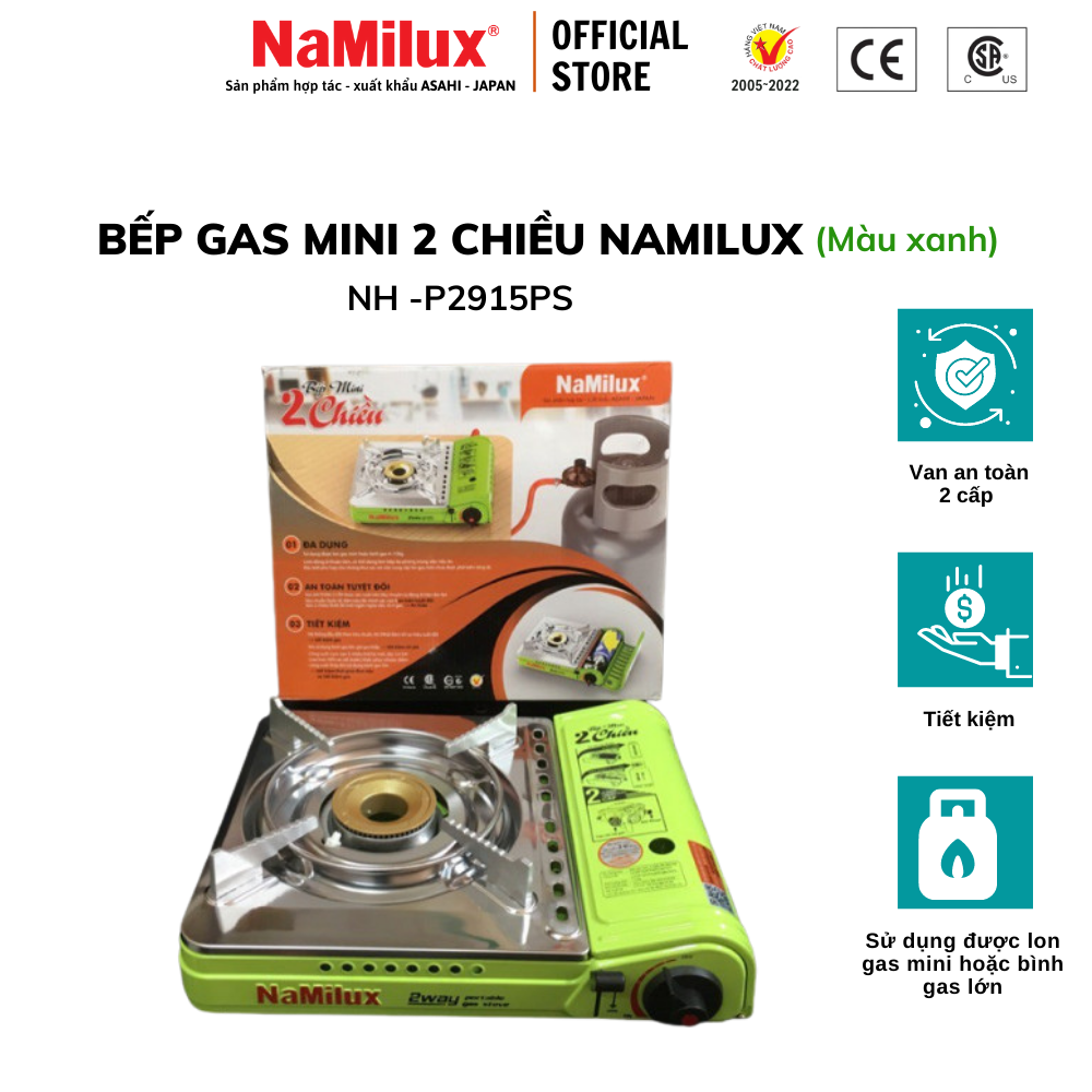 Bếp Gas 2 Chiều NaMilux NH-P2915PS│Sử Dụng Được Lon Gas Mini Và Bình Gas Lớn (4-12 Kg)│Van Ngắt Gas An Toàn 2 Cấp (Double Safety)│Hàng Chính Hãng