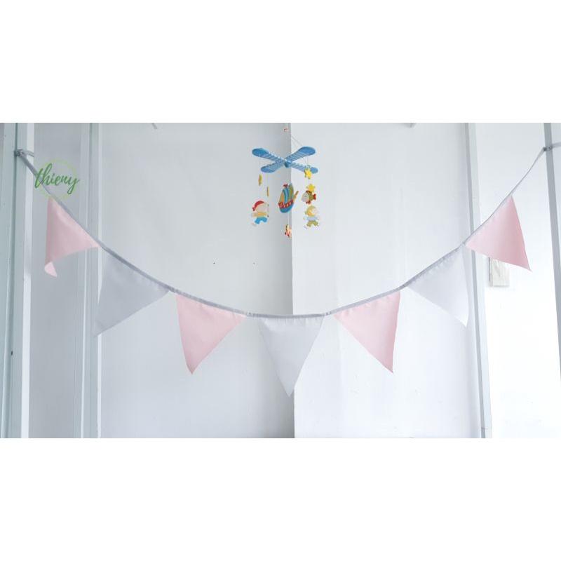 Dây cờ tam giác vải màu pastel ghi hồng, xịn may đẹp, dài 2,2m, Dây cờ trang trí Decor Sinh nhật, Lều vải Thiên Ý