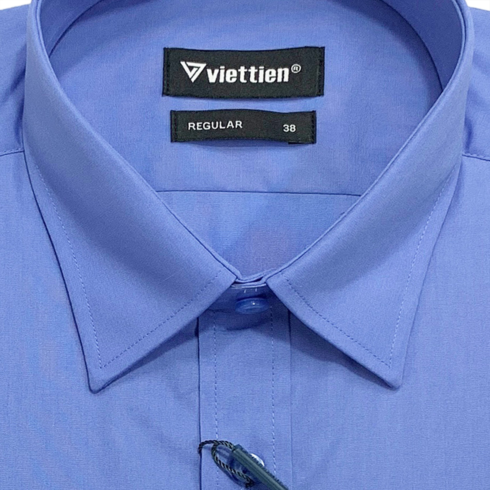 Viettien - Áo sơ mi nam ngắn tay vạt bầu màu xanh bill dáng regular rộng - Áo sơ mi công sở nam Việt Tiến