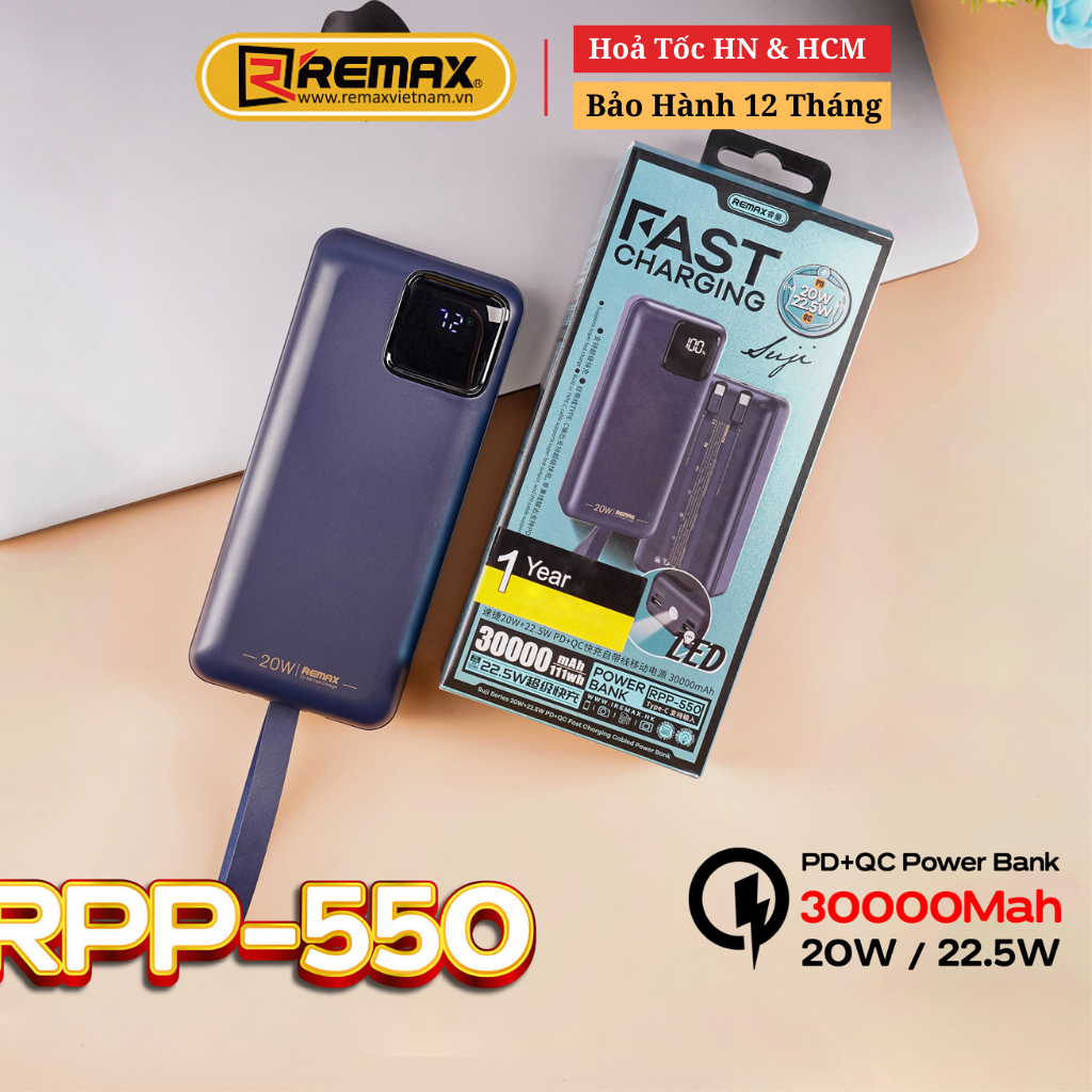 Pin Sạc Dự Phòng 30000mAh Remax RPP-550 Tích Hợp 2 Cáp Sạc Nhanh PD 22.5W QC 3.0 - Hàng Chính Hãng Remax