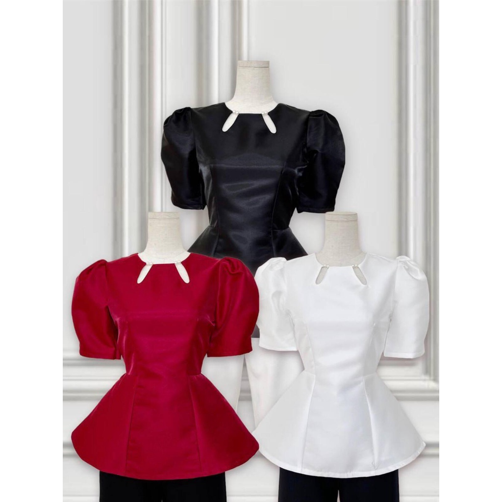 Áo peplum cổ tròn khoét giọt nước đính nút ngọc siêu sang