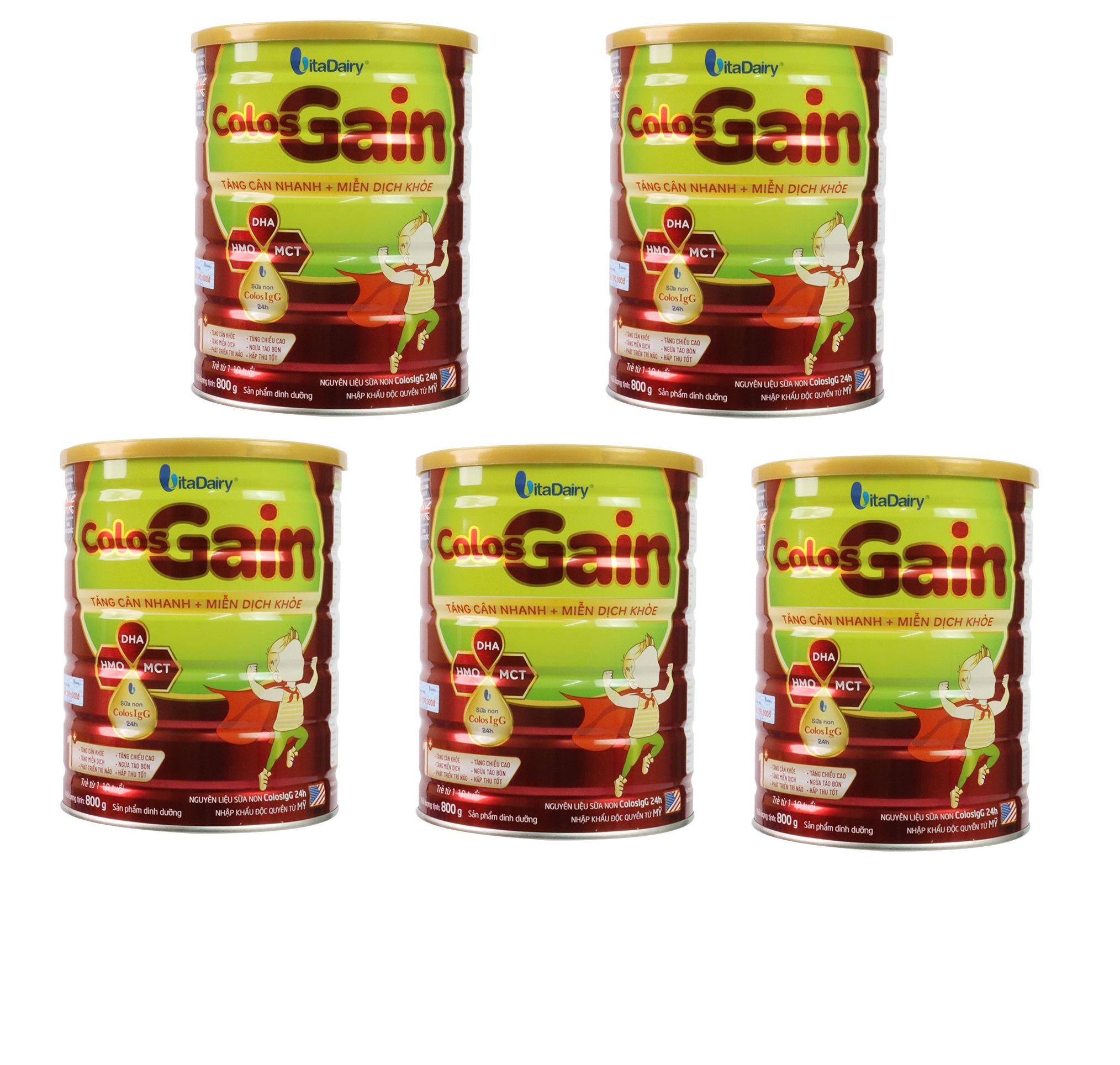 Combo 5 lon Sữa bột Vitadairy Colos Gain 1+ lon 800g cho Bé từ 1 đến 10 tuổi