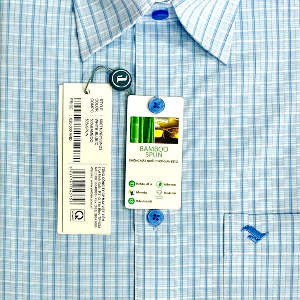 Viettien - Áo sơ mi nam ngắn tay xẻ tà vạt ngang Bamboo spun Ca rô Xanh 6S0710 Regular - Ca rô