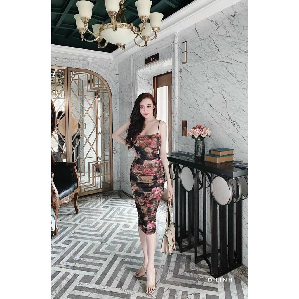 Đầm body 2 dây hoạ tiết bông cực sexy kèm hình thật