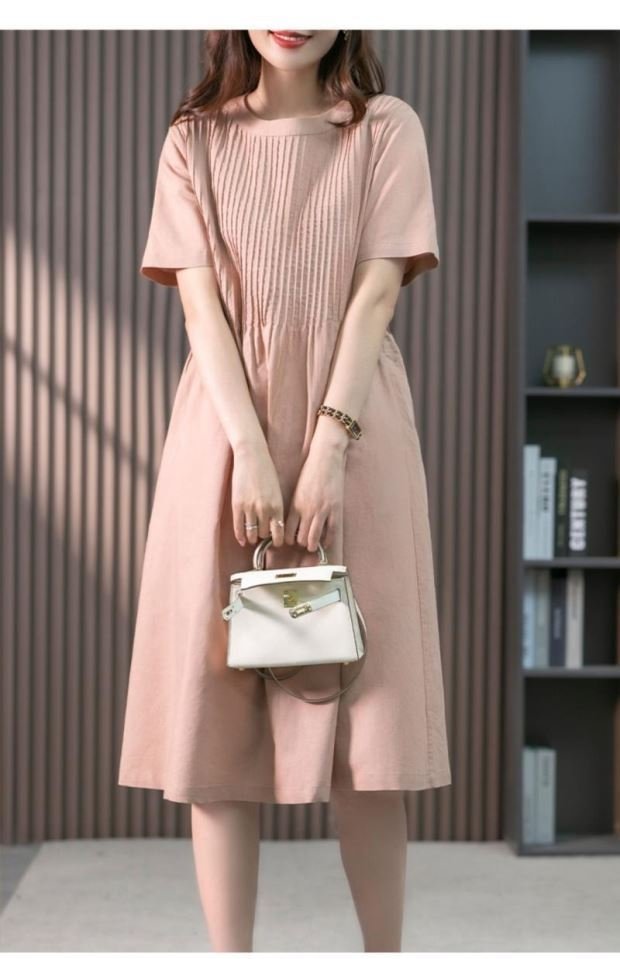 Đầm suông linen nữ cổ tròn ngắn tay, thiết kế xếp ly trước độc đáo, thời trang nữ cao cấp NH195