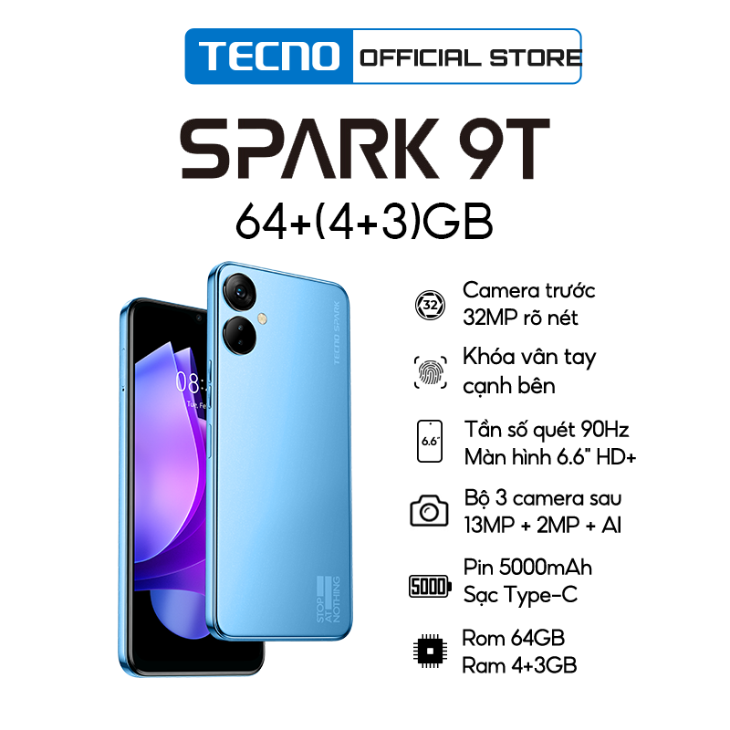 Điện thoại thông minh Tecno Spark 9T 4GB/64GB - Camera selfie 32MP - Hàng Chính Hãng