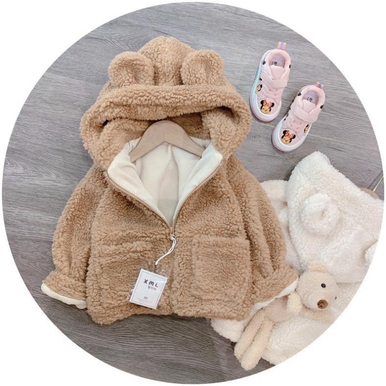 ÁO KHOÁC MŨ DẠ XÙ KHOÁ KÈM GẤU CHO BÉ - NÂU BE