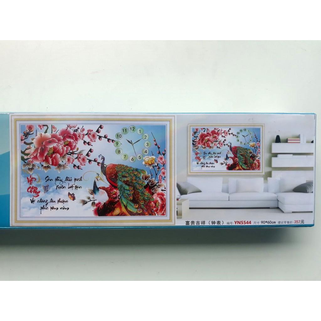 Tranh đá vợ chồng công xanh đồng hồ YN5544 - kích thước: 90 * 60cm.