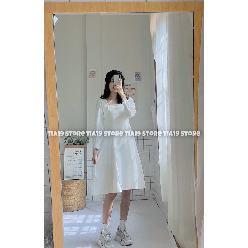 Váy trắng cổ vuông ren dài tay. Đầm trắng tiểu thư dài tay SP000007