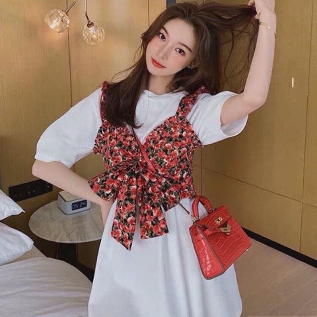 Set áo yến hoa mix đầm suông trắng