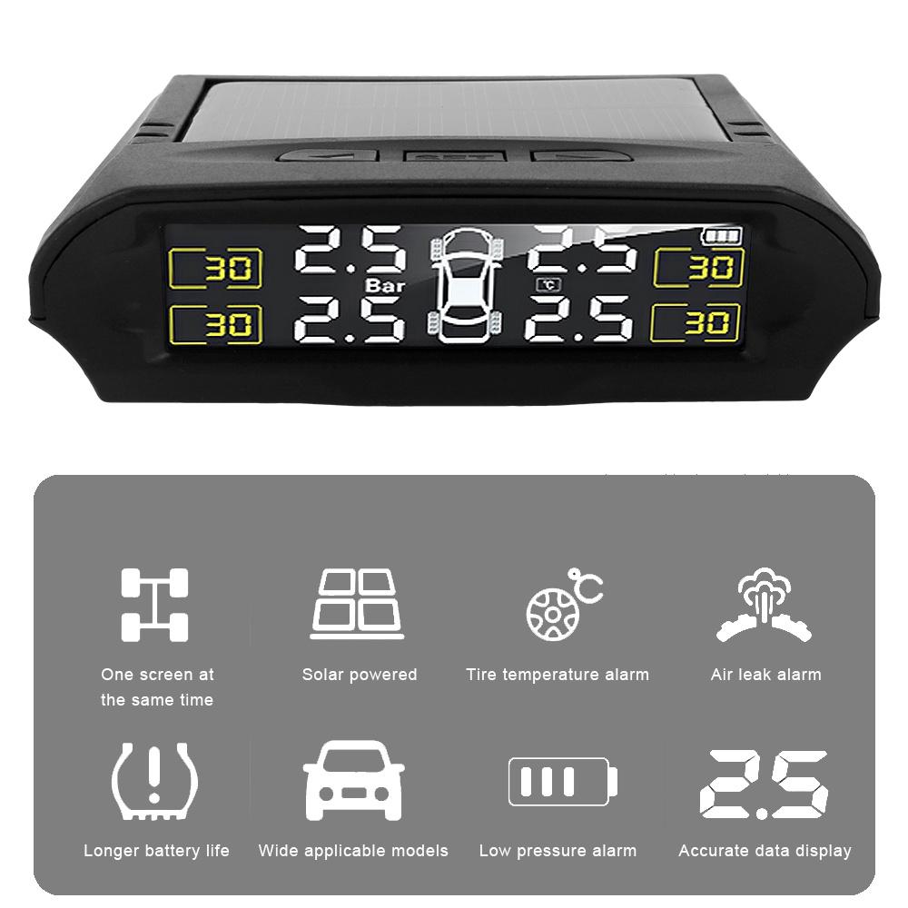 Màn hình LCD kỹ thuật số USB cảnh báo an ninh tự động TPMS với 4 cảm biến/thời gian/áp suất lốp/năng lượng mặt trời