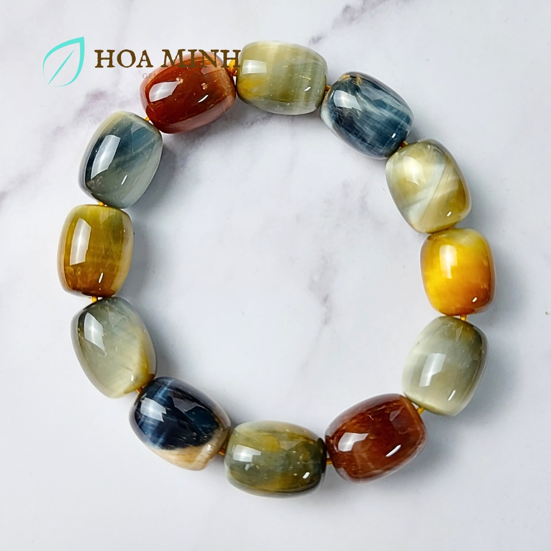 Vòng tay đá Mắt Hổ tam tài VIP thiên nhiên kiểu lu thống size 12x16mm phong thủy tài lộc