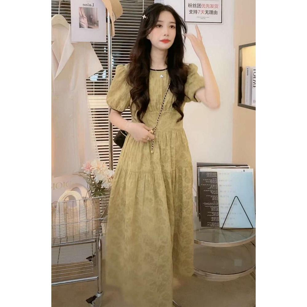 Đầm midi hoạ tiết hoa hồng cổ tròn viền tay phong cách vintage - V02