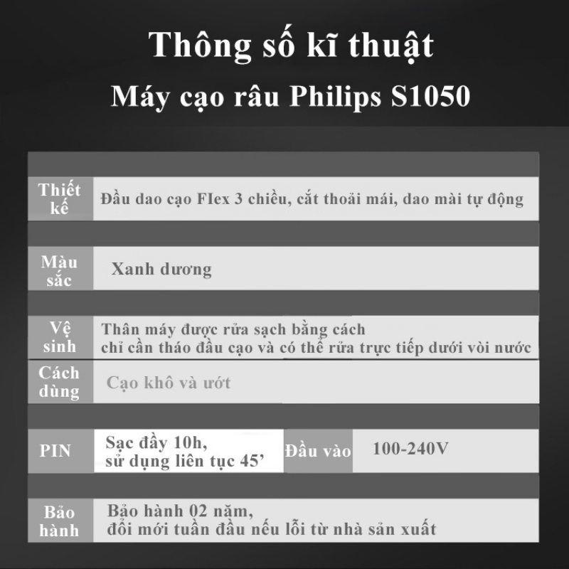 Máy cạo râu Philips điện 3 lưỡi tự mài đa năng khô và ướt S1050 - Hàng Nhập Khẩu