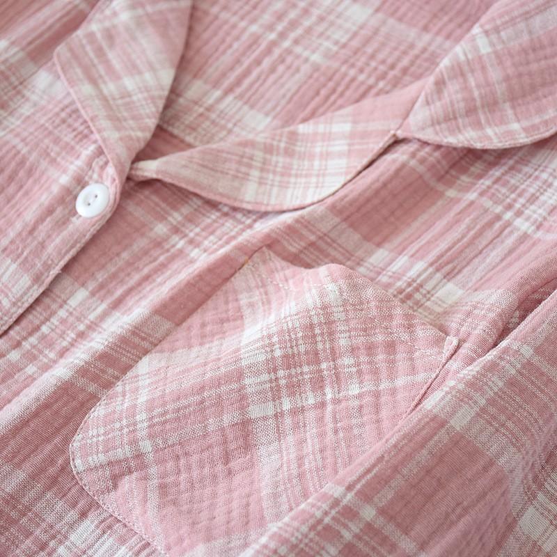 Bộ pyjama nữ dài tay mặc nhà vải xô nhật hai lớp mềm nhẹ họa tiết kẻ
