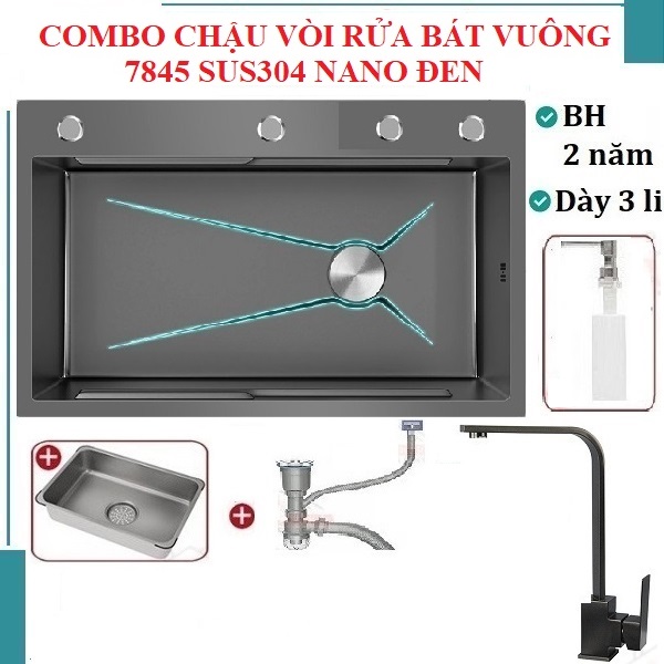 Chậu rửa bát inox304 chống xước 7845 nano đen, vòi Vuông nóng lạnh, bộ xả, khay inox, dụng cụ xịt ly cốc, bình rửa bát – Chậubộ xảkhay inoxvòibình rửa bát