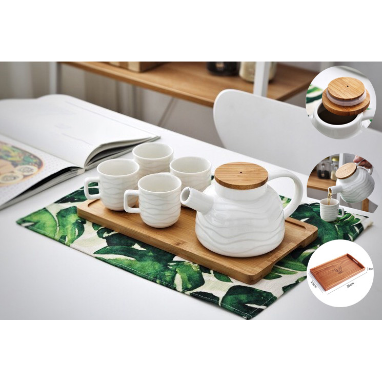 Combo BỘ ẤM PHA TRÀ CHIỀU N500 Phong cách Nhật Bản - sứ cường lực, tặng kèm khay gỗ đẹp