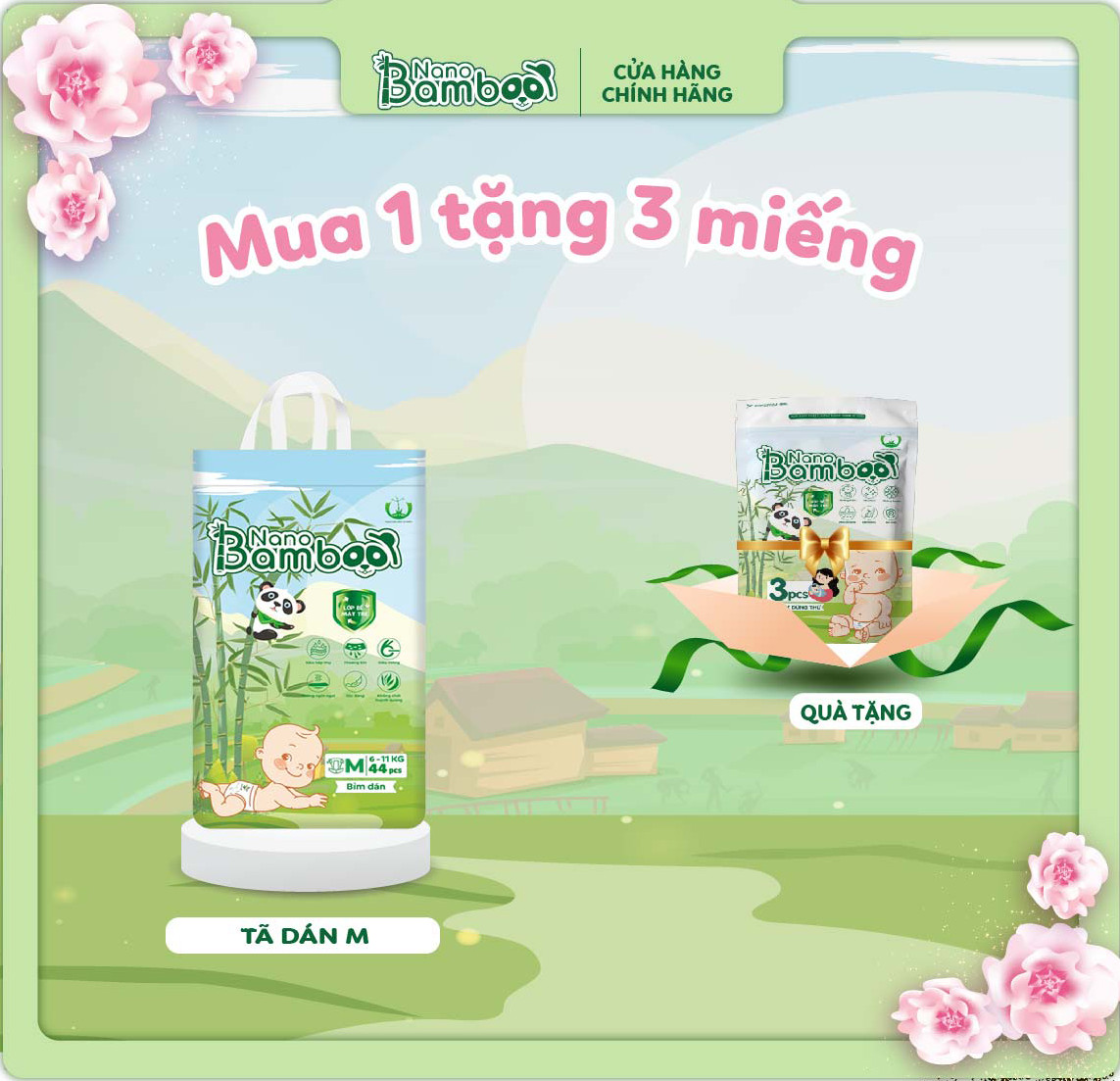 Tã/Bỉm Dán Nano Bamboo sợi tre thiên nhiên size M 56 miếng