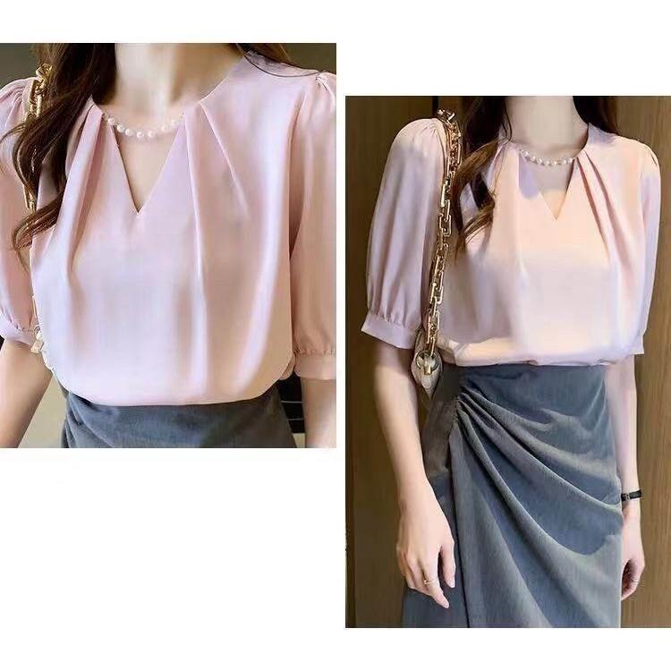 Áo sơ mi kiểu nữ cổ V đính VÒNG NGỌC tay lửng sang trọng