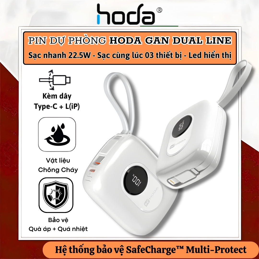 Pin Sạc Dự Phòng HODA SafeCharge Multi-Protect 10.000mAh sạc Nhanh PD 22.5W, Tích Hợp Cáp Type-C &amp; L(iP) Sạc 3 Thiết Bị, 8 lớp bảo vệ an toàn – sạc mát, không hại pin - Hàng nhập khẩu