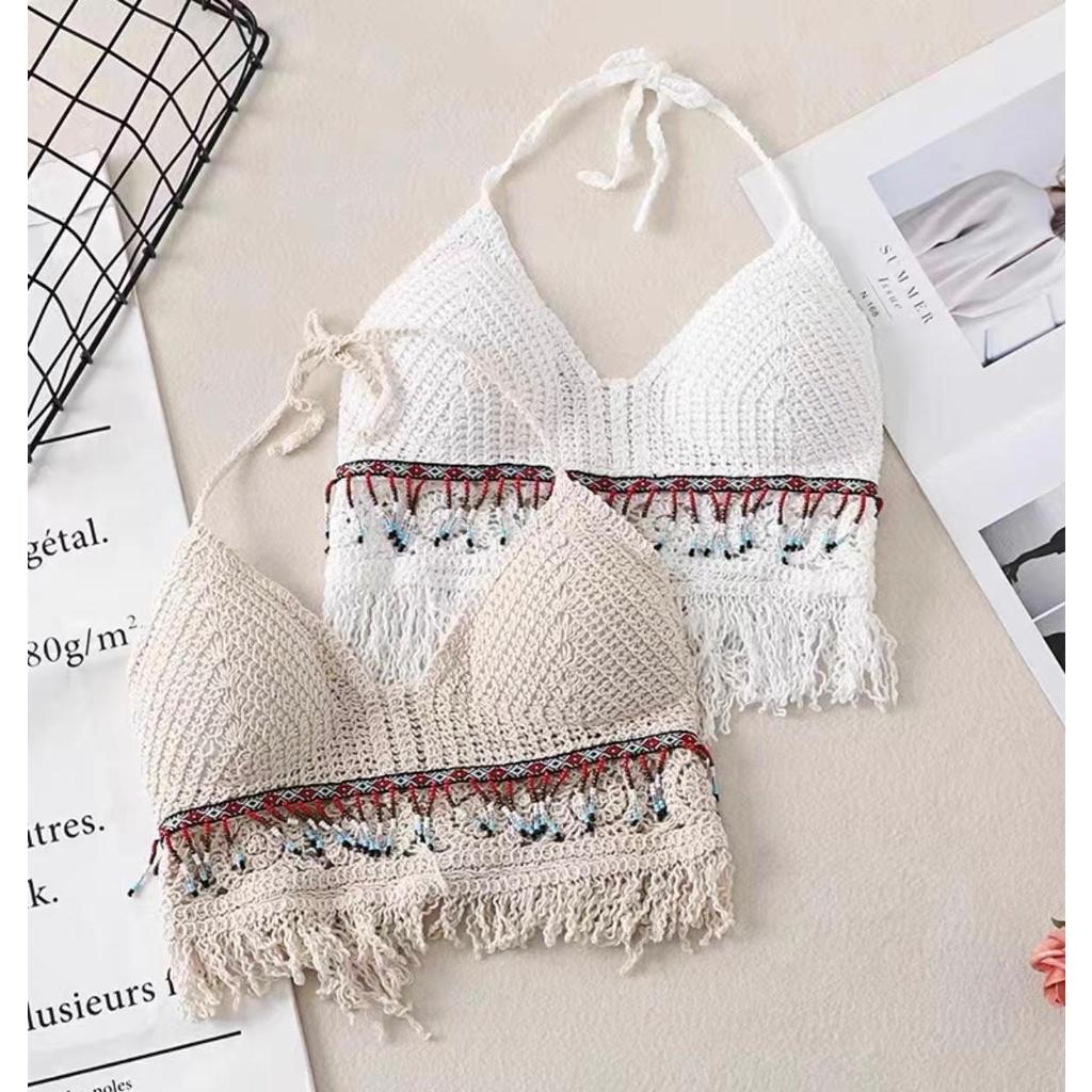 MS865 Áo hai dây đan móc đi biển cổ yếm đính cườm