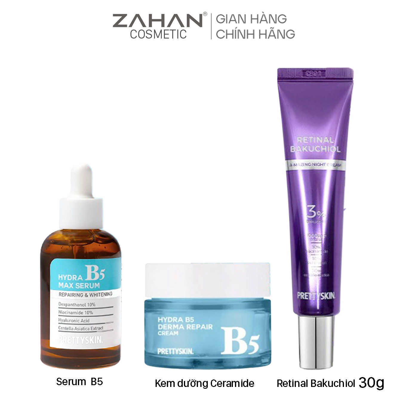 Combo Kem dưỡng Retinal Bakuchiol 30g, serum B5 50ml, kem dưỡng B5 Prettyskin 52ml( 3 sản phẩm)