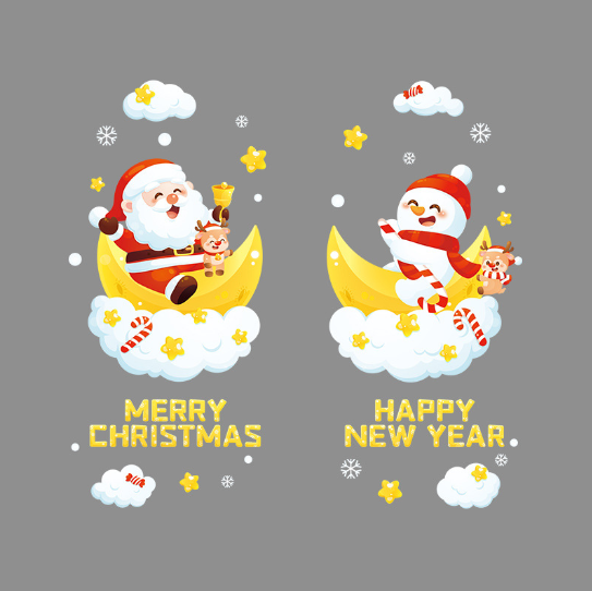 Decal trang trí Noel - Người tuyết và ông già Noel cưỡi mây