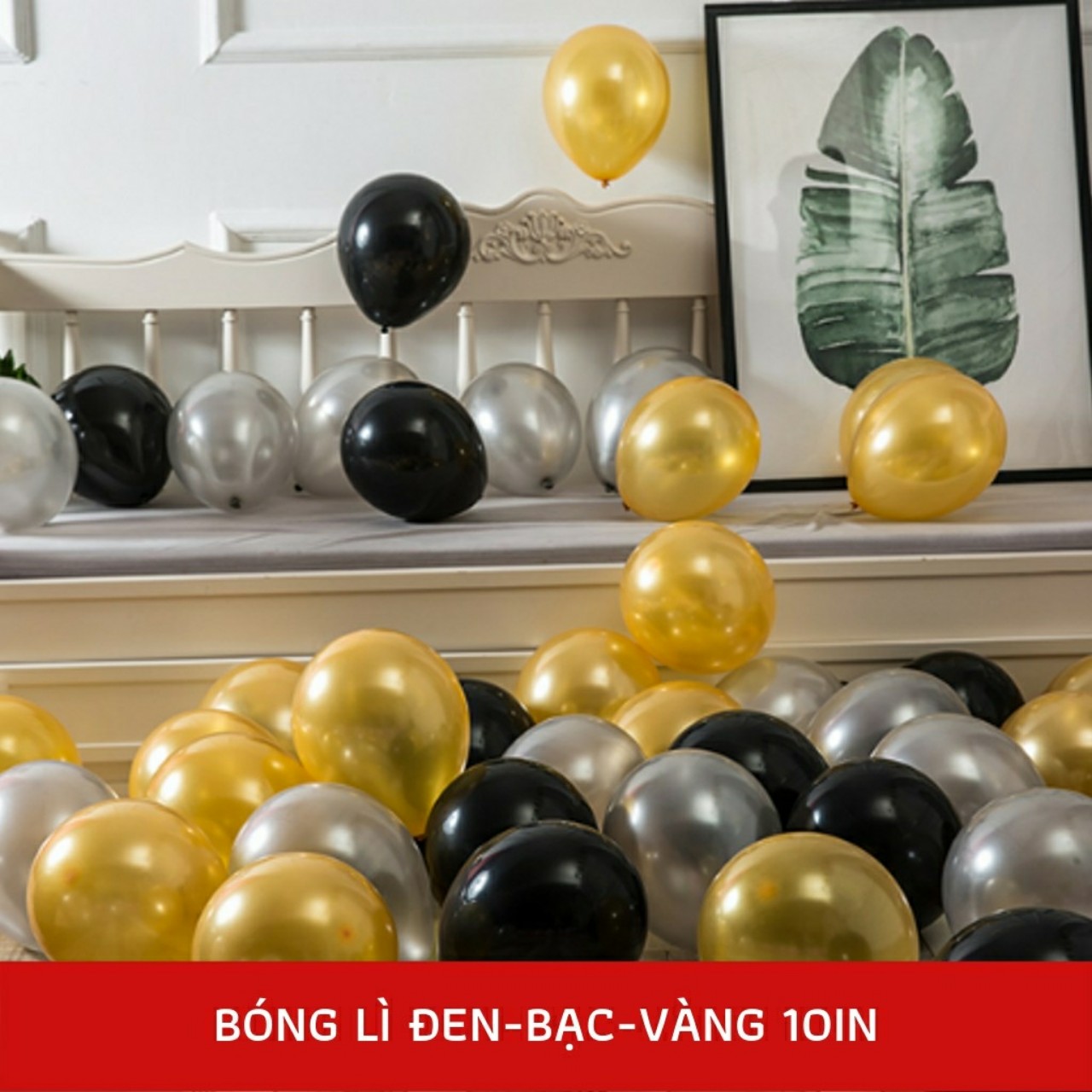 30 bong bóng trang trí tiệc tông màu đen - vàng - bạc