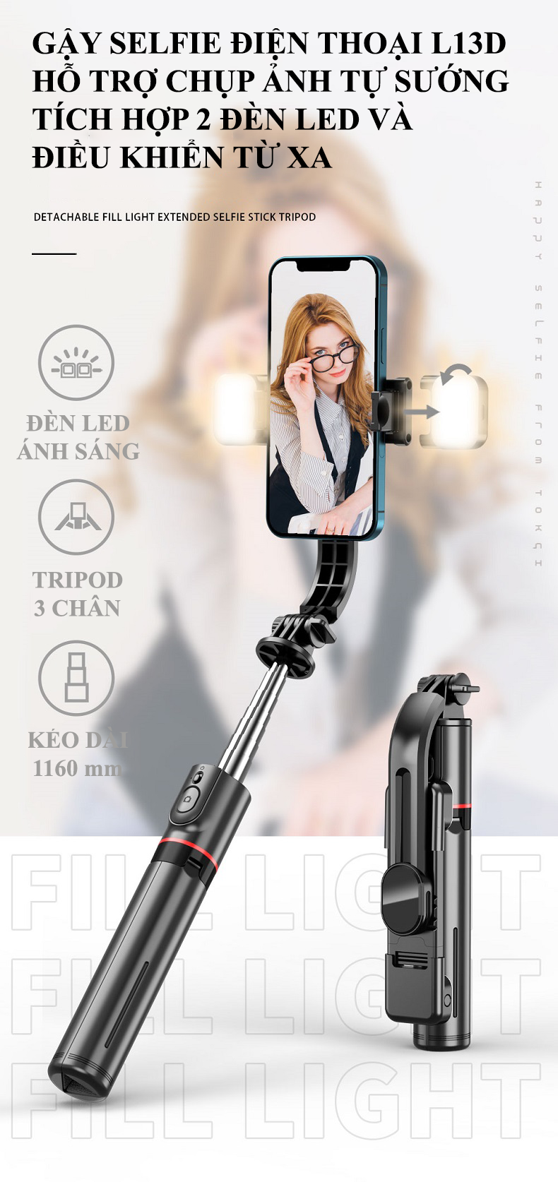 Gậy chụp ảnh selfie L13D gấp gọn tích hợp tripod 3 chân có thể kéo dài đến 1160mm với 2 đèn led hỗ trợ ánh sáng và remote không dây