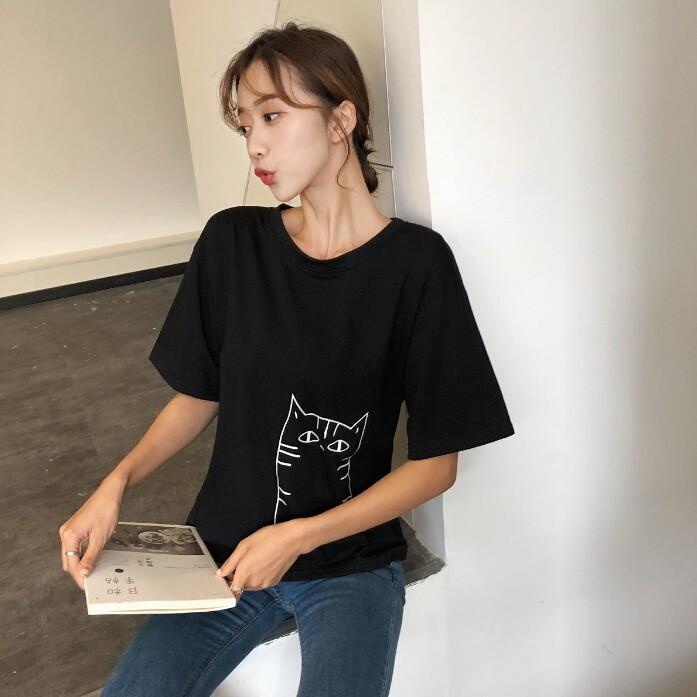 Áo thun nữ tay ngắn in hình mèo