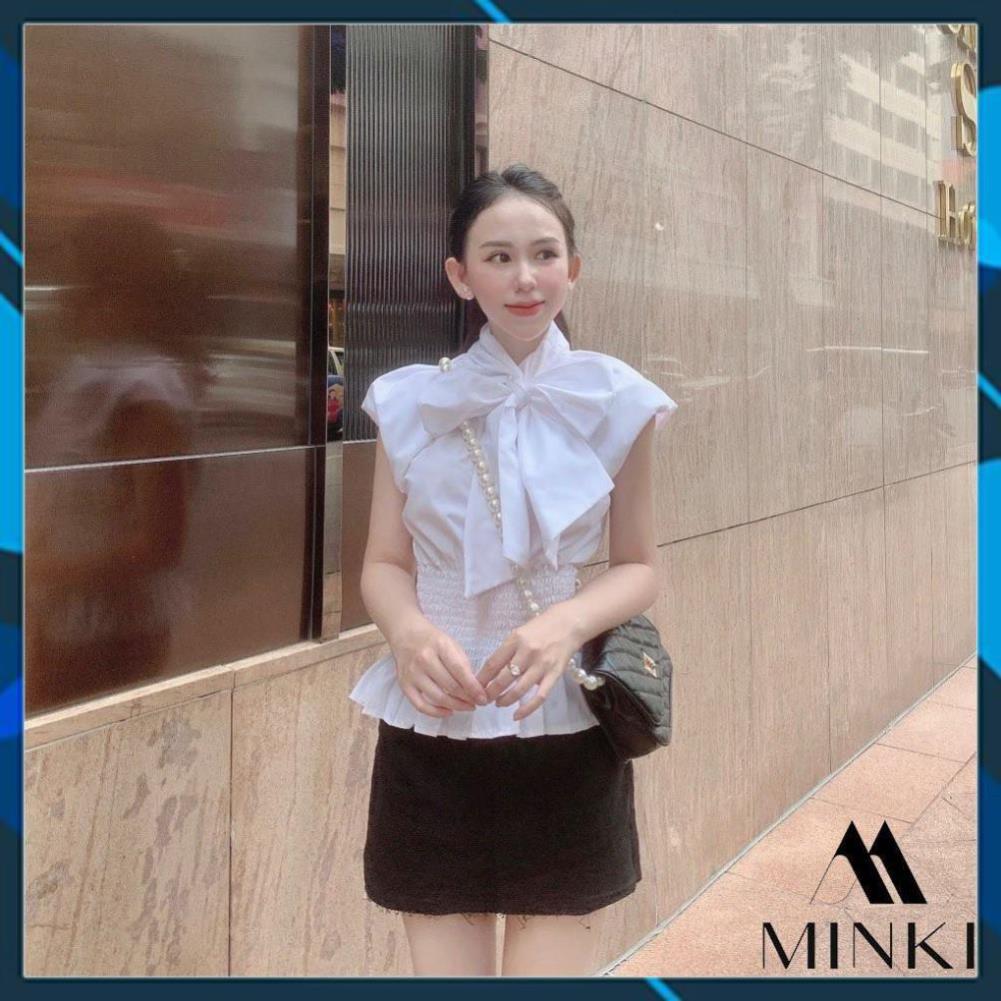 ÁO KIỂU CỔ NƠ EO CHUN - CHẤT LIỆU NHẬP KHẨU - TRẮNG/ HỒNG