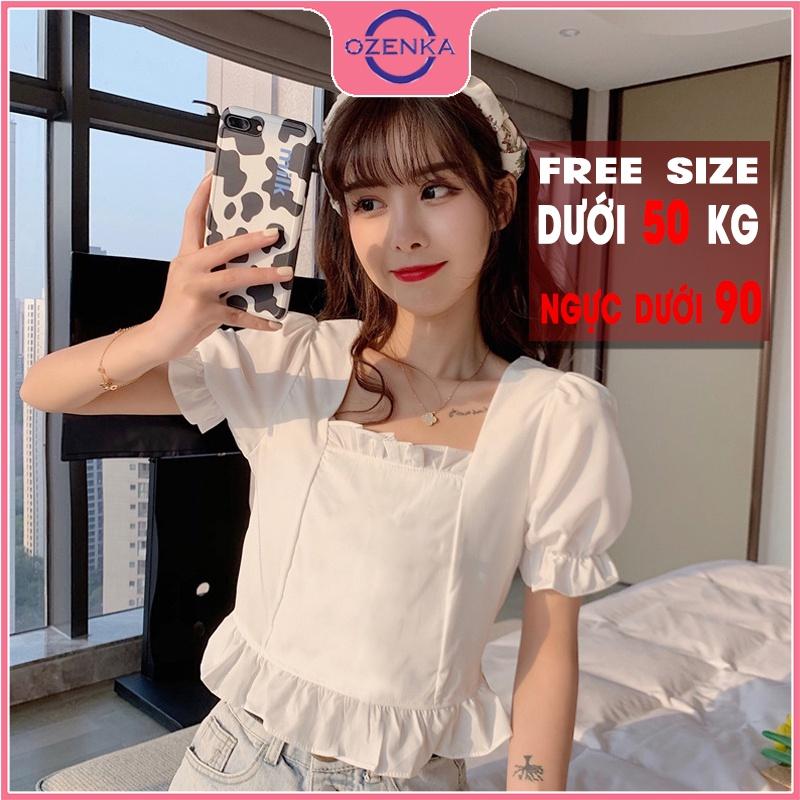 Áo croptop nữ rộng kiểu Hàn Quốc tay phồng viền bánh bèo OZENKA chất thun gân 100% cotton màu đen trắng dưới 50 kg