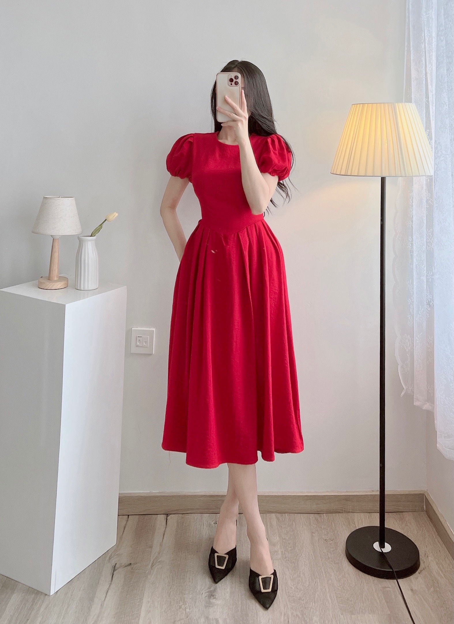 Đầm xòe li eo tay ngắn bồng màu be đỏ cốm cho nữ DN604