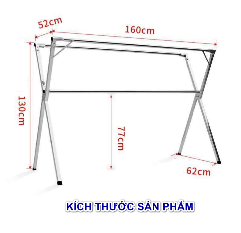 Giàn Phơi Quần Áo 160cm ba cực có thể gập lại Thép Không Gỉ + Tặng kèm 30 móc Clothes hanger landing folding
