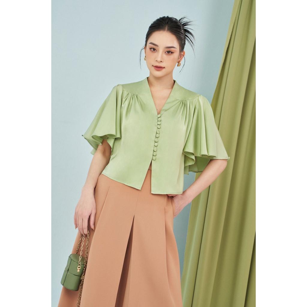 Áo Vivian lụa tay loa nút bọc quyến rũ nữ tính thiết kế cao cấp đi chơi đi tiệc gợi cảm