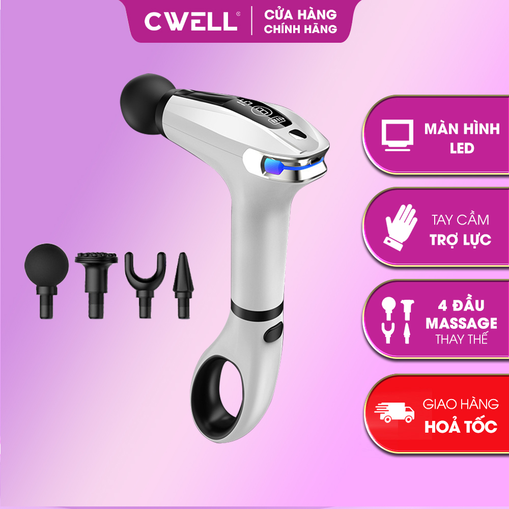 Máy massage cầm tay chính hãng CWELL MG005, Tay Cầm nới dài 18cm, 4 đầu thay 8 chế độ massage mạnh, Pin trâu lên tới 8h