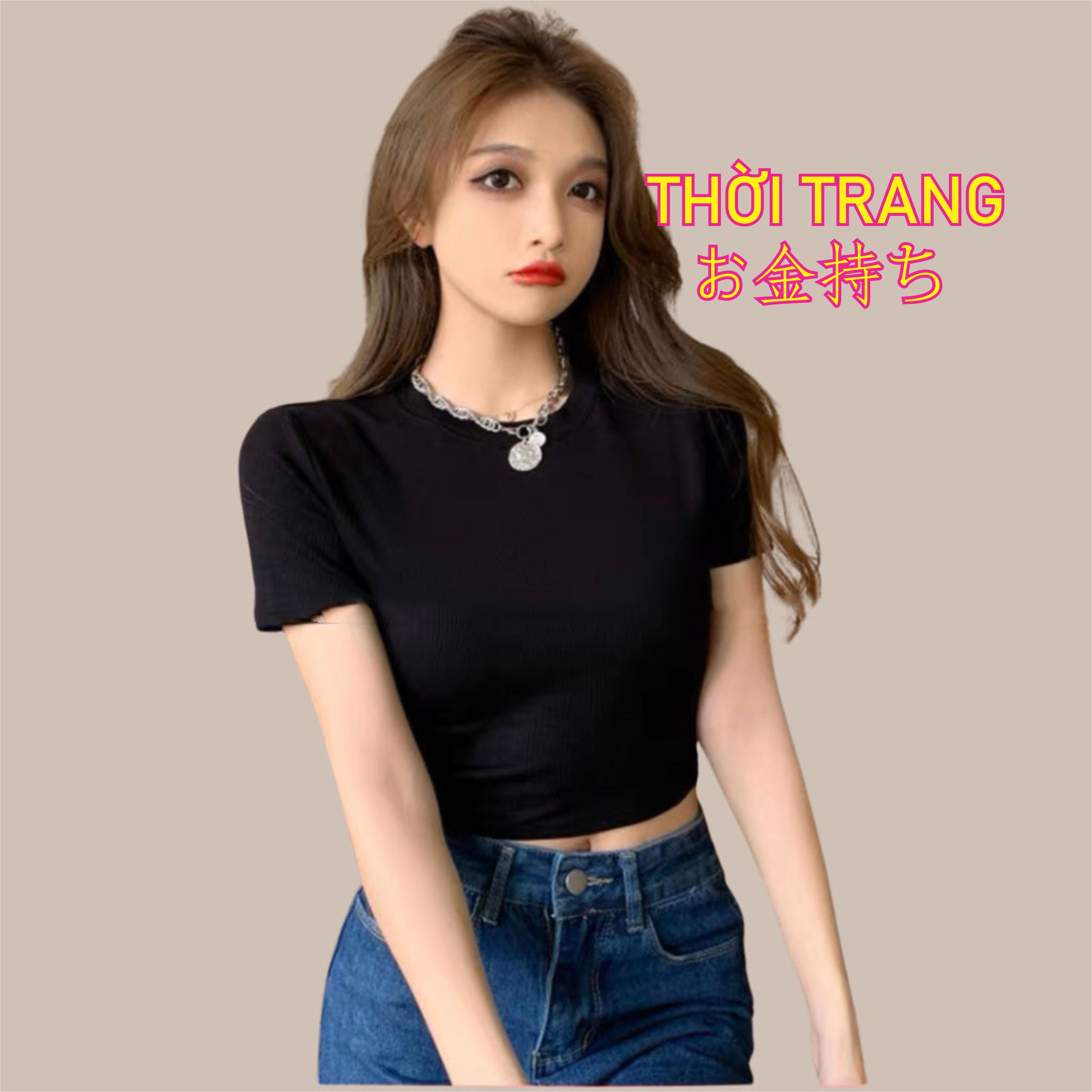 Áo Croptop Hottrend Tay Ngắn Màu Đen Trắng Cổ Tròn Vải Cotton Thun Ôm Body Co Giãn Tốt 313